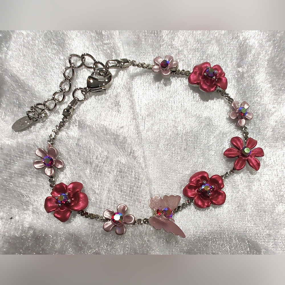 Pretty Metal Flower Silver Tone Bracelet with Pink & Red Flowers And AB Crystals